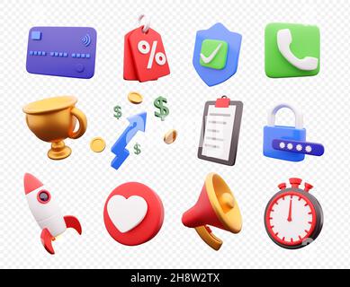 Satz von 3d-Rendersymbonen, die das Ergebnis auf weißem Hintergrund erreichen. symbol für 3d-Rendering eingestellt. Stockfoto