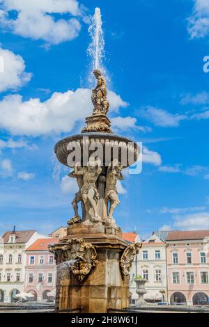 Brunnen auf dem Premysl Otakar II. Platz in Ceske Budejovice, Tschechische Republik Stockfoto