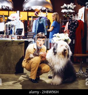 Uschi Glas, deutsche Schauspielerin, mit Bobtail Bobby in der Fernsehserie 'Schwabinger Basar', Deutschland 1980. Die deutsche Schauspielerin Uschi Glas und Bobby der Bobtail bei der deutschen Fernsehserie 'Schwabinger Basar', Deutschland 1980. Stockfoto