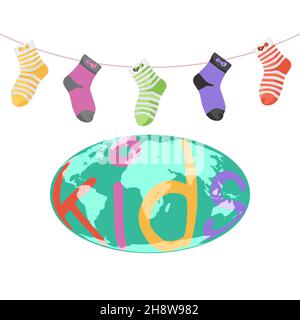 Vektorbild. Illustration unseres Planeten Erde. Untergeordnete Text-Elemente. Mehrfarbige Socken Stock Vektor