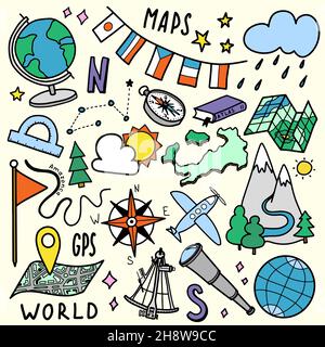 Geographie und Geologie Bildung Fach Handschrift Doodle Symbol der Erdforschung und Karte Design Zeichen und Symbol in isolierten Hintergrund Stock Vektor