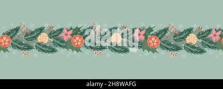 Nahtlose Muster zu Weihnachten und Neujahr mit Zweigen, Blumen und Dekoration, niedlicher und festlicher Hintergrund, ideal für Textilien, Verpackung, Banner Stock Vektor