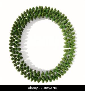 Konzept oder konzeptionelle Gruppe von grünen Waldbäumen isoliert auf weißem Hintergrund, die Schriftart O. 3d Illustration Metapher für Natur, Erhaltung Stockfoto