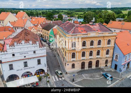 TREBON, TSCHECHISCHE REPUBLIK - 14. JUNI 2016: Altstadt von Trebon, Tschechische Republik. Stockfoto