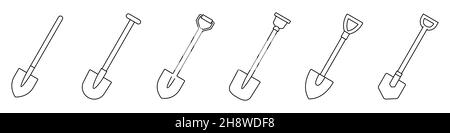 Schaufelsymbol. Schaufel zum Graben und Bauen. Satz Schaufeln. Symbol für Handwerkzeug. Vektorgrafik. Schaufeln Sie lineare Symbole Stock Vektor