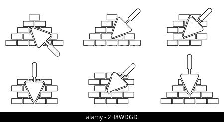 Symbole für Mauerwerk gesetzt. Kelle und Ziegel Symbol. Konstruktion oder Reparatur von linearen Symbolen. Vektorgrafik. Symbol für Mauerwerk und Baukelle. Stock Vektor