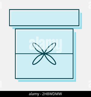 Blaue Geschenkbox. Leere Geschenkschachtel Ajar. Dünnes Band und elegante Schleife. Trendiges Design. Nahaufnahme. Vorne oben. Lineare und flache Designvorlage für Surp Stock Vektor