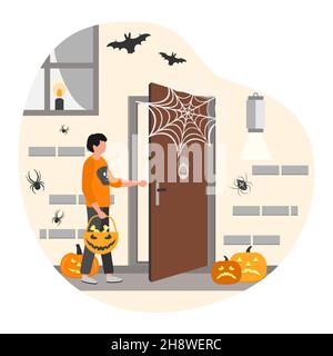 Vektor-Illustration Happy Halloween. Junge in festlicher Kleidung zu Halloween. Männliches Kind, das im Gericht vor der Tür Hausdekoration steht Stock Vektor