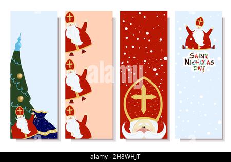 Vertikales Banner für den Tag des heiligen nikolaus. Sinterklaas. Christlicher Winterurlaub für Kinder. St. Nikolaus. Stock Vektor