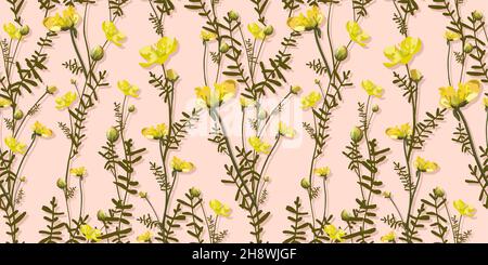 Butterblumen. Gelbes Blumenmuster. Zartes rosa Blumenmuster. Sommerliches Design. TRENDFARBEN. Stock Vektor