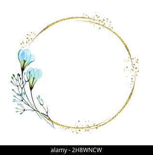 Aquarell goldener Kranz und blaue Blüten. Realistisches Poster mit Blumen und Glitzerfolienrahmen. Für Text platzieren. Botanische Blumen Hintergrund für Stockfoto