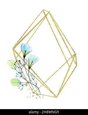 Aquarell-Blüten mit goldenem Glitzerrahmen. Realistisches Poster mit blauen Blumen und Glitter-Folie. Für Text platzieren. Botanische Blumendarstellung für Stockfoto
