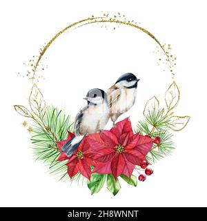 Weihnachtskranz mit Vögeln auf Blumenstrauß mit roten Blumen. Aquarell-Postkarte mit Kiefer, Weihnachtsstern, goldener Glitter-Folie. Botanisch geblümt Stockfoto