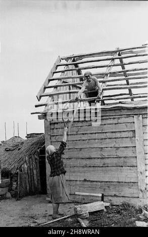 Okolice Warki, 1946. Pas zniszczeñ wojennych objêtych programmem Odbudowy Gospodarczej Terenów Zniszczonych po II wojnie œwiatowej. NZ. Odbudowa zabudowañ gospodarskich. gr PAP/Bogus³aw Lambach Dok³adny miesi¹c i dzieñ wydarzenia nieustalone. Warka Area, 1946. Das Gebiet der zerstörten Flächen, das durch das Programm des wirtschaftlichen Wiederaufbaus der Gebiete abgedeckt wird, die bis WW2 zerstört wurden. Im Bild:die Rekonstruktion von Bauernhäusern. gr PAP/Boguslaw Lambach Stockfoto