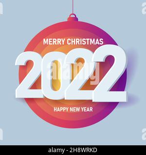 Frohe Weihnachten und Neujahr Banner mit stilisierten Weihnachtskugel und Volumen weißen Zahlen 2022 Stock Vektor