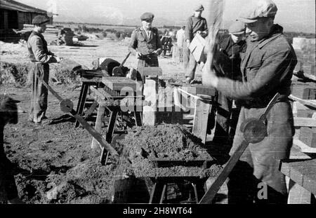 Okolice Warki, 1946-01-01. Zgodnie z programmem Odbudowy Gospodarczej Terenów Zniszczonych po II wojnie œwiatowej, przeprowadzane s¹ prace budowlane i porz¹dkowe we wsiach po³o¿Onych w pasie zniszczeñ. NZ. produccja cegie³. po/ms PAP/Jerzy Baranowski Warka, 1. Januar 1946. Entsprechend dem UN-Programm für den wirtschaftlichen Wiederaufbau zerstörter Gebiete helfen nach WW2 Bürger beim Wiederaufbau und der Organisation von Dörfern in zerstörten Gebieten. Abgebildet: Ziegelherstellung. po/ms PAP/Jerzy Baranowski Stockfoto