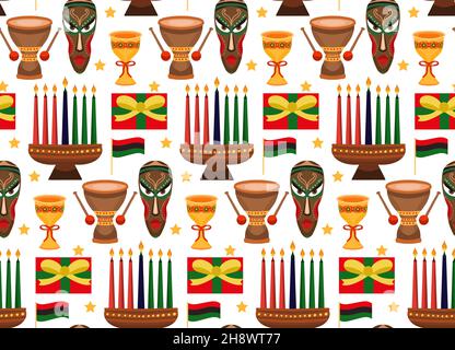 Nahtloses Muster für Kwanzaa mit traditionellen farbigen und Kerzen Kinara. Vektorgrafik Stock Vektor