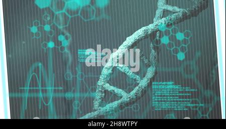 Bild des dna-Strangs über der Datenverarbeitung Stockfoto