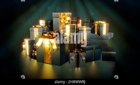Schwarzer Geschenkkarton Stapel für Weihnachten oder Cyber montag Ausverkauf - Objekt 3D Rendering Stockfoto