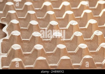 Schützende Kartonverpackung zur Aufbewahrung von Eiern. Leere biologisch abbaubare geformte Eierbox aus Papierzellstoff. Stockfoto