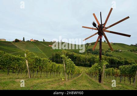 Österreich, traditionelle Klapotetz Vogelscheuche und Weinberge an den steilen Hängen an der steirischen Weinstraße ist die hügelige Landschaft auch als die bekannt Stockfoto