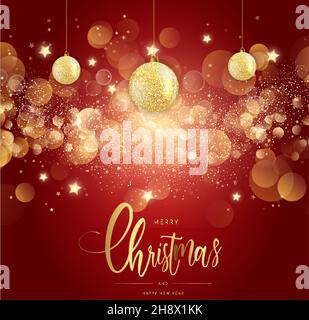 Frohe Weihnachten Und Ein Glückliches Neues Jahr Rotgold Glitzernde Gruß Typografie Hintergrund Mit Sternen Bokeh Hängenden Ball Ornamente Stock Vektor