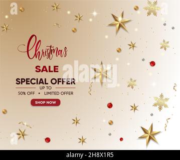 Frohe Weihnachten Gold Rot Holiday Business Promotion Verkauf Typografie Hintergrund Mit Glitzernden Konfetti Und Kugeln Sterne Schneeflocke Stock Vektor