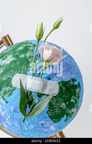 Globus des Planeten Erde mit Blumen, die mit medizinischen Hilfsband auf weißer Oberfläche angebracht sind Stockfoto