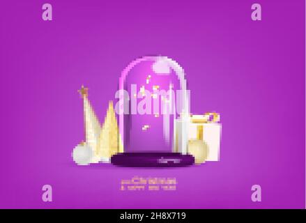 Frohe Weihnachten und Frohes neues Jahr. Weihnachten Winter Schnee Glaskugel, transparente Kuppel. Realistische 3D Design Xmas grünen Baum im Schnee, Geschenkbox, Süßigkeiten c Stock Vektor