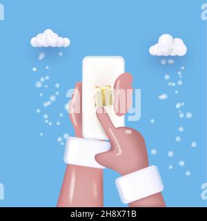 Weihnachten Hintergrund. Die Hände des Weihnachtsmannes halten ein Mobiltelefon, ein Smartphone und klicken auf den Bildschirm. Realistische 3D Geschenkschachteln, Goldkonfetti. Smartphone-Mock Stock Vektor