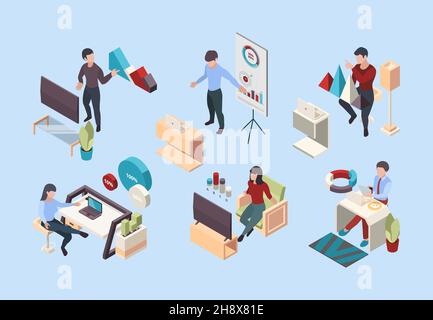 Online-Konferenz isometrisch. Telearbeiter sitzen und zu Hause mit Gadgets selbst Isolation Haus digitale Arbeit grellen Vektor-Illustrationen zu sprechen Stock Vektor