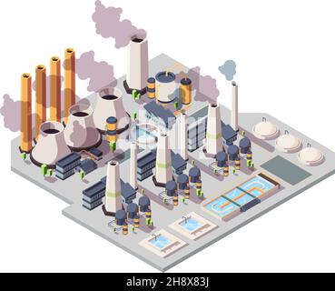 Kernkraftwerk. Energieanlage isometrische Umgebung 3D Industriegebäude Vektor-Illustrationen Stock Vektor