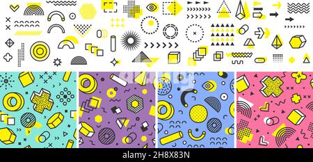Memphis Kollektion. Abstrakte geometrische Formen, Design-Kit. Dekorative Nahtmuster und Vektor-minimalistisches Set Stock Vektor