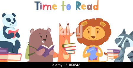 Lesen von Tieren. Wildes Tier mit Büchern, Löwe Fuchs Bär Panda lesen Vektor-Banner Stock Vektor