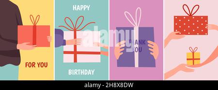 Karten mit Geschenk. Hände halten Geschenk-Boxen, danke alles gute zum Geburtstag Vektor-Banner Stock Vektor