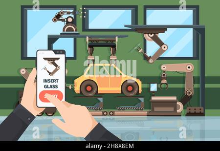 Smartphone Control Conveyor. Hände halten Telefonarbeiter mit Fertigungssystemen Roboter Hände Verbindung grellen Vektor Hintergrund Stock Vektor