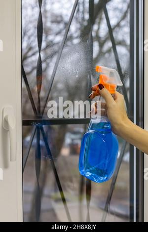 Frau sprüht Glasreiniger auf Fensterglas. Hochwertige Fotos Stockfoto