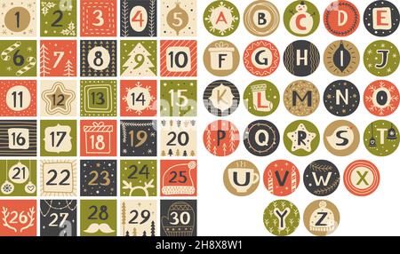 Party-Alphabet. Weihnachten Buchstaben und Zahlen stilisierte Formen abc Zahlen Alphabet für festliche Kalender Nachrichten aktuellen Vektor-Schriftzug Kollektion Stock Vektor