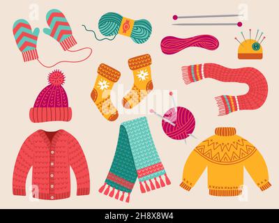 Wollkleidung. Stoff Wolle Mode bunte Handwerk Faden Kleidung Kollektion Pullover Mütze Schal aktuellen Vektor Illustrationen Kollektion in flach Stock Vektor