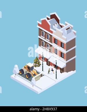 Schneereinigung. Sturm Winter Kälte Wetter Fahrzeug Stadt Eis Reiniger grellen Vektor isometrisches Konzept Illustration 3D low poly Stock Vektor