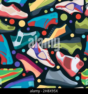 Sneakers-Muster. Textildesign mit sportlichen Streetwear-Sneakern für Sportläufer garish Vektor nahtloser Hintergrund Stock Vektor