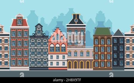 Altstadt Hintergrund. Nahtlose Stadtlandschaft mit Vintage-europäischen Gebäuden Retro-Stadt grellen Vektor-Cartoon-Illustrationen Stock Vektor