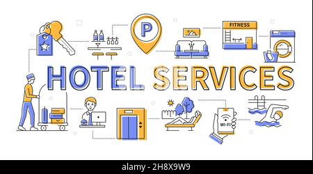 Hotelservice - Banner im farbenfrohen Liniendesign. Komfortable Urlaubsidee. Bilder von einer Bar, komfortablen Zimmern, Fitnessbereich, Swimmingpool, Parki Stock Vektor