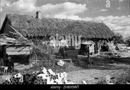 Okolice Warki, 1946-01-01. Zgodnie z programmem Odbudowy Gospodarczej Terenów Zniszczonych po II wojnie œwiatowej, przeprowadzane s¹ prace budowlane i porz¹dkowe we wsiach po³o¿Onych w pasie zniszczeñ. NZ. Zniszczone gospodarstwo. po/ms PAP/Jerzy Baranowski Warka, 1. Januar 1946. Entsprechend dem UN-Programm für den wirtschaftlichen Wiederaufbau zerstörter Gebiete helfen nach WW2 Bürger beim Wiederaufbau und der Organisation von Dörfern in zerstörten Gebieten. Im Bild: Eine zerstörte Farm. po/ms PAP/Jerzy Baranowski Stockfoto