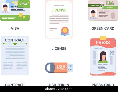 Dokumente. ID Einwanderer oder Debitkarten offizielle Dokumentation Reisepass Probe mit Platz für persönliche Foto rechtliche Informationen grellen Vektor stilisiert Stock Vektor