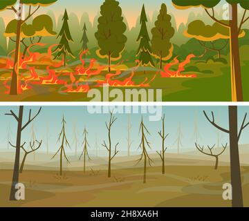 Waldbrand. Brennen Flamme Bäume wild heißes Wetter Naturkatastrophen beschädigt Hölzer genaue Vektor Cartoon Hintergrund Illustrationen Stock Vektor