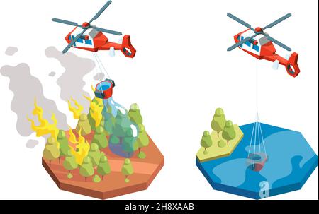 Waldbrand. Militärische Hubschrauber Rettung Natur Katastrophe sichere Flamme Explosion Wasser Brandbekämpfung grellen Vektor isometrische Zusammensetzung Stock Vektor