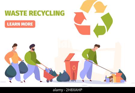 Recycling von Abfällen. Menschen sparen Natur Reinigung Kunststoff Abfall Einweg Industrie Linie Mitarbeiter grish Vektor Konzept farbige Zusammensetzung Stock Vektor