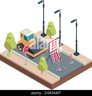 Asphaltarbeiten. Straßenreparatur Maschine Belag Asphalt gelb Roller Fahrzeuge grish Vektor isometrisch niedrige Poly Zusammensetzung Stock Vektor