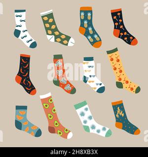 Socken-Kollektion. Trendy Fuß trägt ornamental Textil Wolle gestrickt stilvolle Kleidung aktuellen Vektor Socken Illustrationen in flachem Stil Stock Vektor